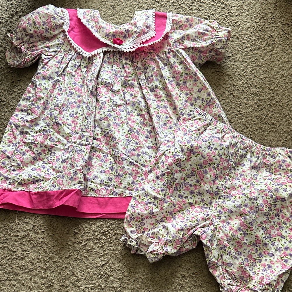 Vintage Floral Pink Kids Top+ Bloomers Set